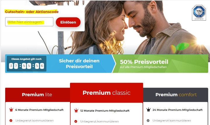 Das Gutschein-Eingabefeld bei Parship