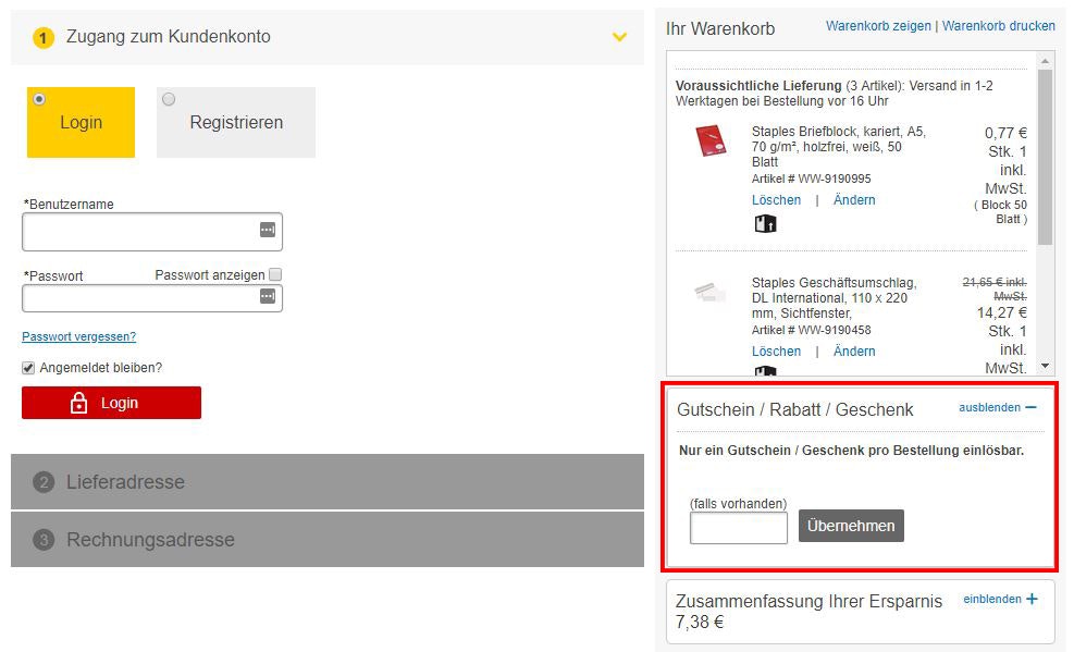 Deinen Staples Gutschein löst du auf dem Weg zur Kasse, direkt mit dem Login in dein Kundenkonto ein