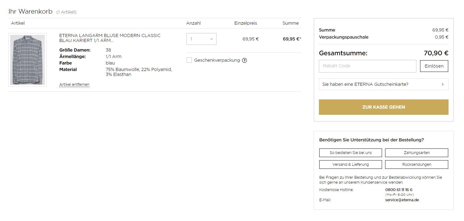 Im Warenkorb kannst du deinen Eterna Gutschein im dafür vorgesehenen Rabattfeld einfügen