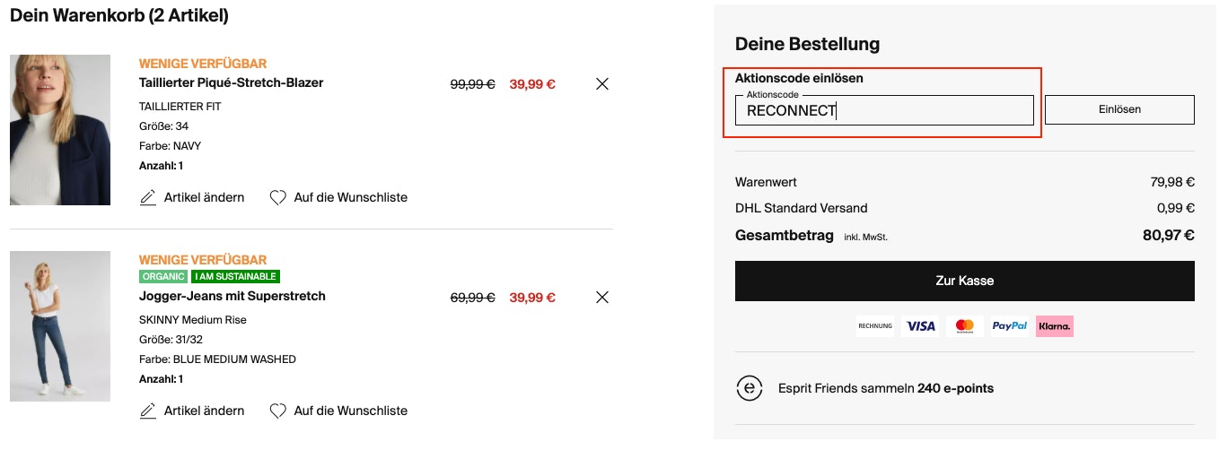 ESPRIT Text an dieser Stelle im Warenkorb einsetzen