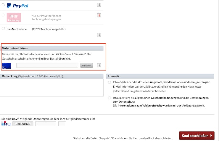 ALTERNATE Gutschein eingeben Hinweis