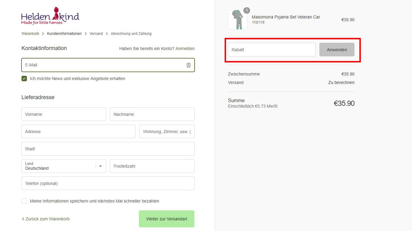 Heldenkind Gutschein einlösen, funktioniert ganz einfach im Bestellprozess
