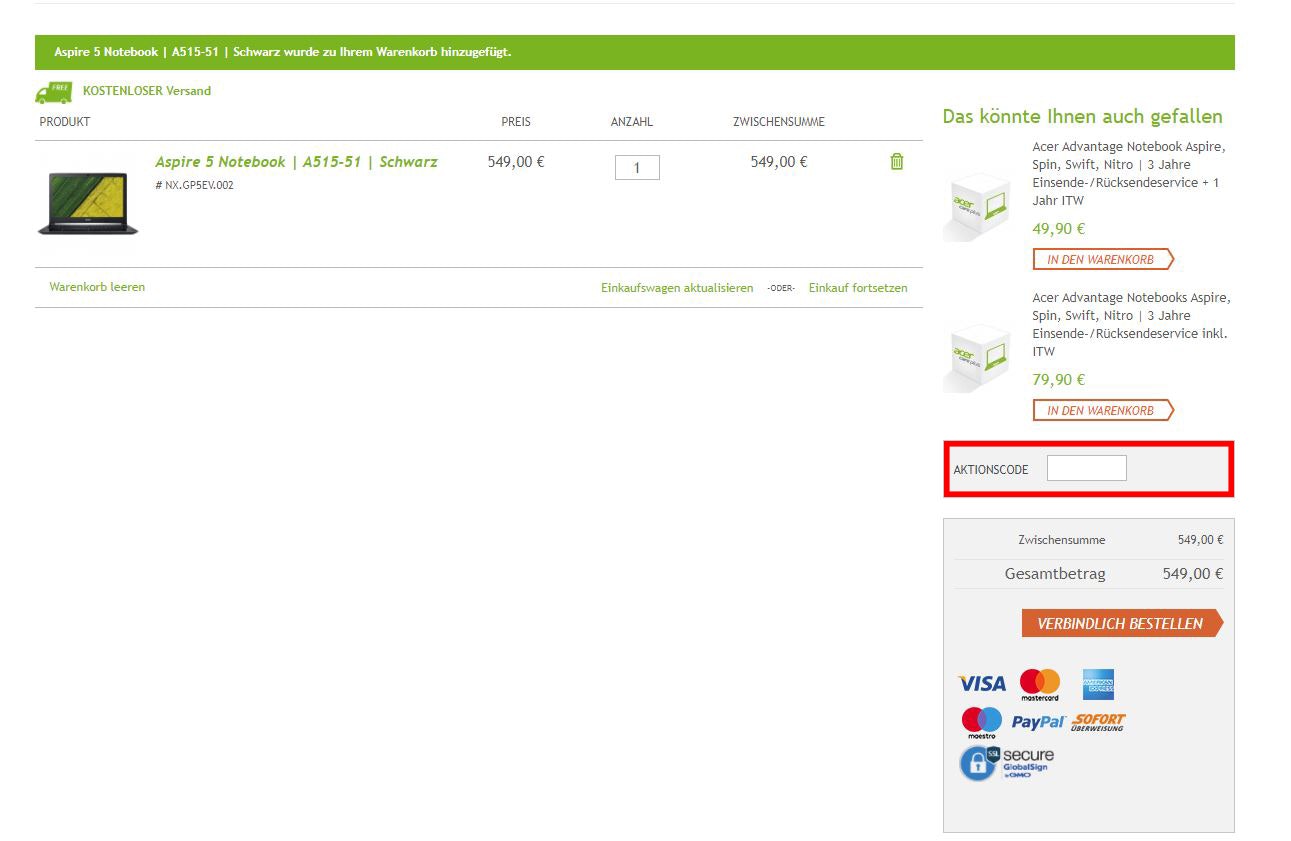 Acer Gutscheincode richtig in das Aktionsfeld eintragen